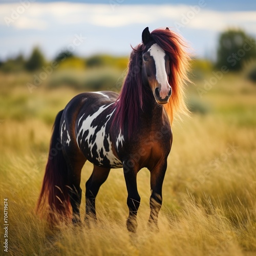 A Pinto Horse with Long Red Mane Standing in a Field of Tall Grass