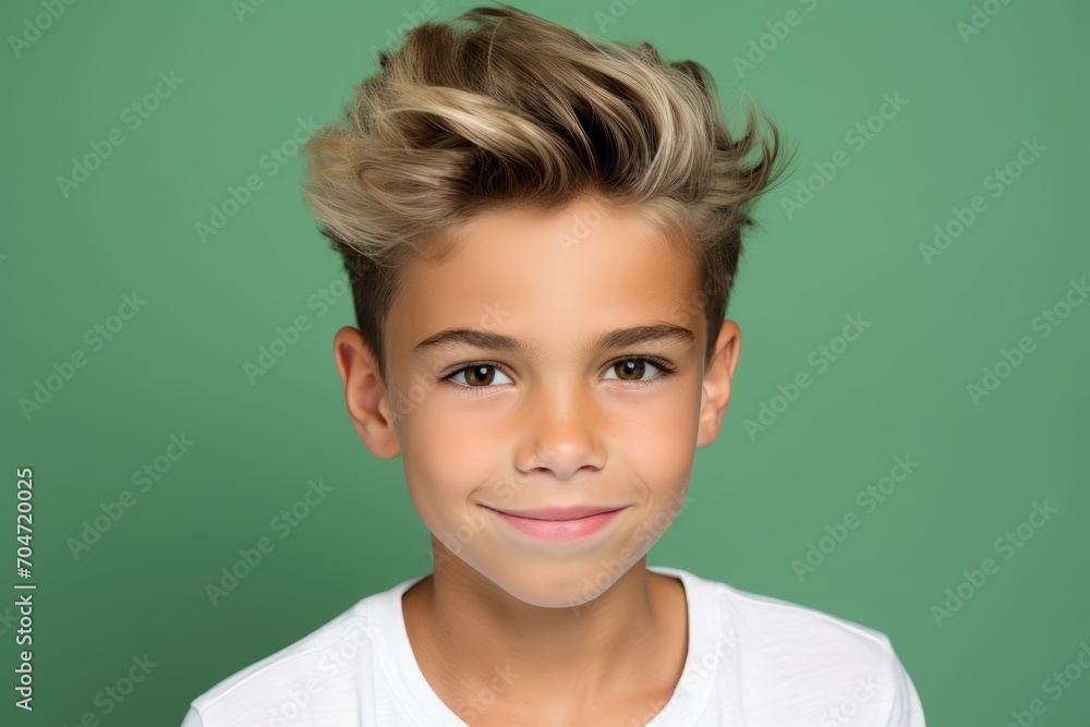 Closeup portrait of a cute little boy with blond hair on a green background Closeup portrait of a cute little boy with blond hair on a green background