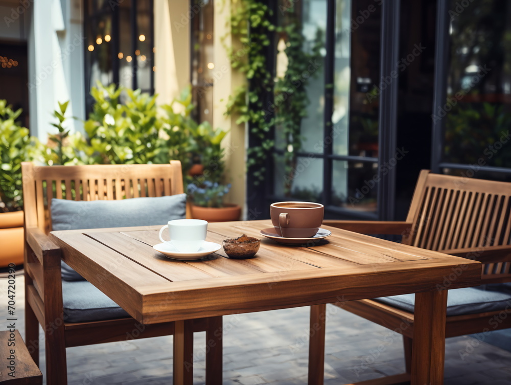 Two coffee cups on a wooden table in an outdoor seating area