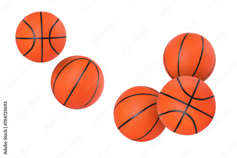 Many basketball balls flying on white background