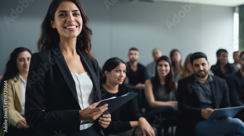 Mexican young business woman in front of a group 