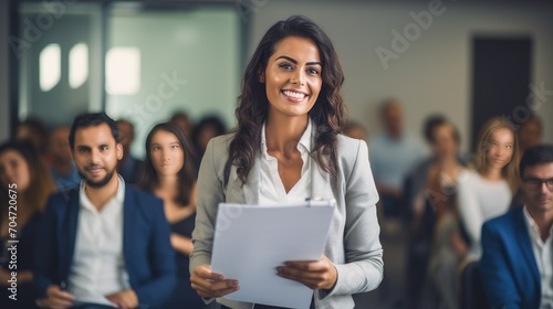 Mexican young business woman in front of a group  photo