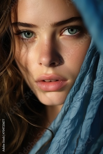 Portrait of a young woman with green eyes and brown hair wearing a blue headscarf