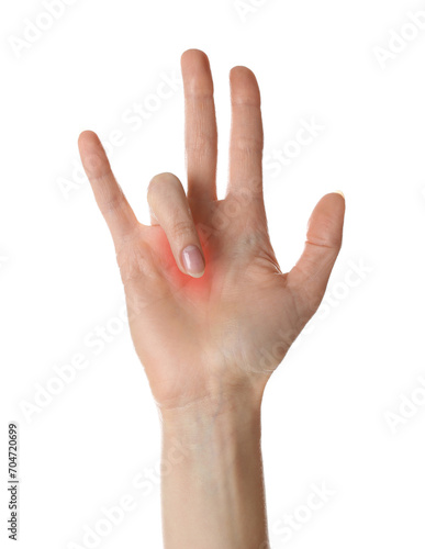 Woman suffering from trigger finger on white background, closeup © New Africa