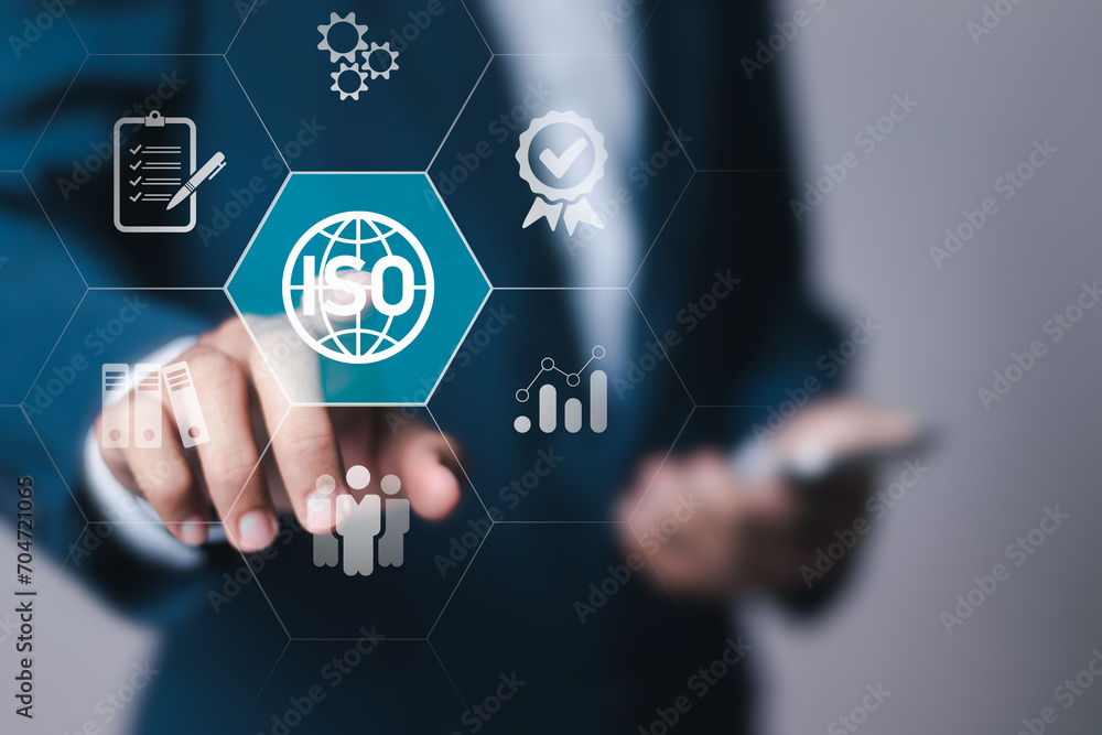 ISO standards quality control. Businessman touching virtual quality assurance or guarantee product. ISO Standard certification. Modern ISO banner. ISO standards quality control. Businessman touching virtual quality assurance or guarantee product. ISO Standard certification. Modern ISO banner.