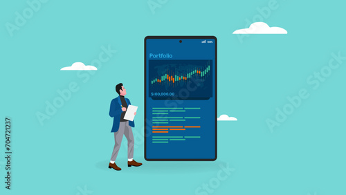 data analysis concept vector illustration, businessman analyzes company marketing and investment chart, businessman showing data on smart phone, reviewing investment portfolio