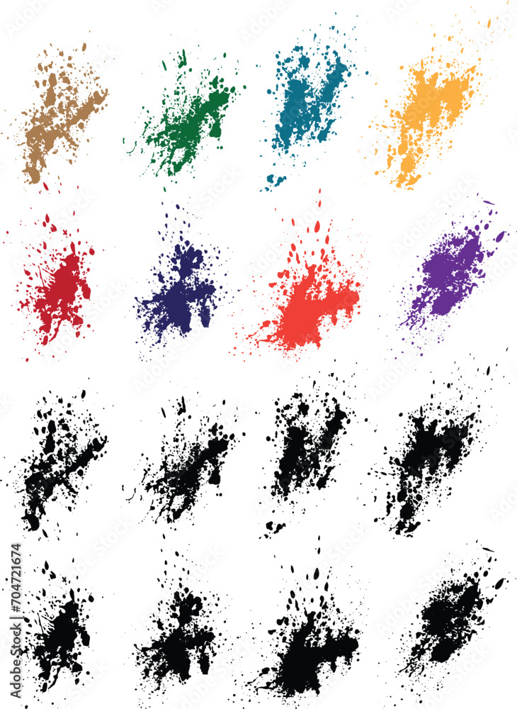 Fototapeta premium Ink paint green, red, black, orange, purple, wheat color horror blood splatter blot brush stroke background set