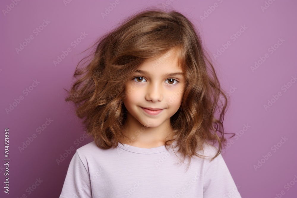 Portrait of a cute little girl with long curly hair on a purple background. Portrait of a cute little girl with long curly hair on a purple background.