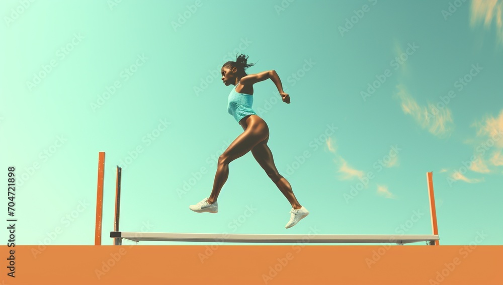African American female athlete hurdling over a hurdle