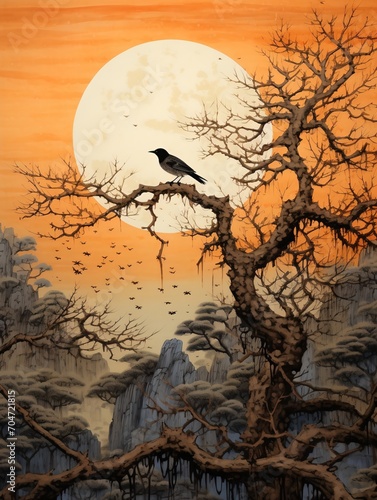 A Solitary Raven Perched on a Tree Branch at Night