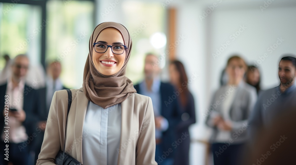 Muslim middle age business woman in front of a group Muslim middle age business woman in front of a group