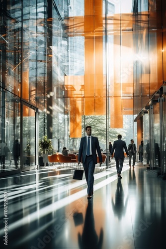 Business professionals walking in a modern office building