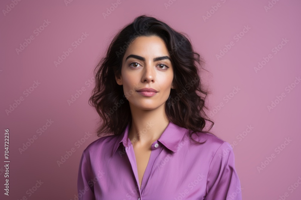 Portrait of a beautiful young woman in a purple shirt on a pink background Portrait of a beautiful young woman in a purple shirt on a pink background