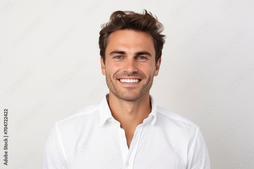 Portrait of handsome young man in white shirt smiling at camera. Portrait of handsome young man in white shirt smiling at camera.