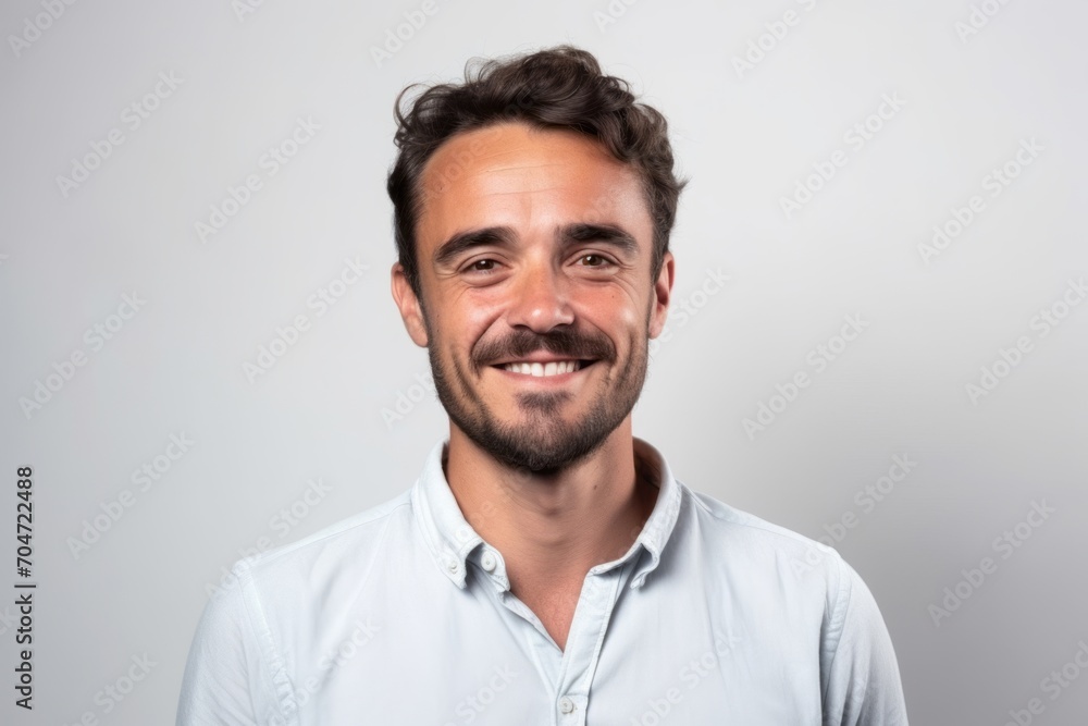 Portrait of a handsome young man smiling at the camera on a gray background Portrait of a handsome young man smiling at the camera on a gray background