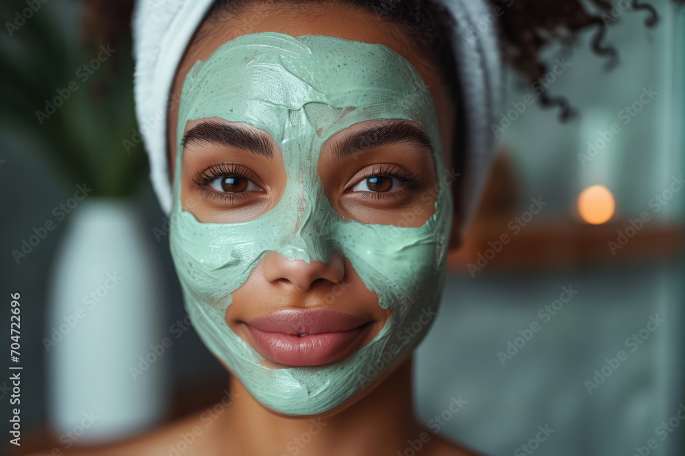 Fototapeta premium A woman does self-care spa treatments with a green face mask at home. The concept of skin care.