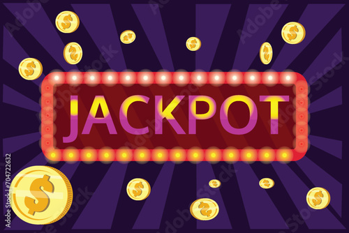 Jackpot banner with falling gold coins and confetti. Casino or lottery advertising template. Winning money