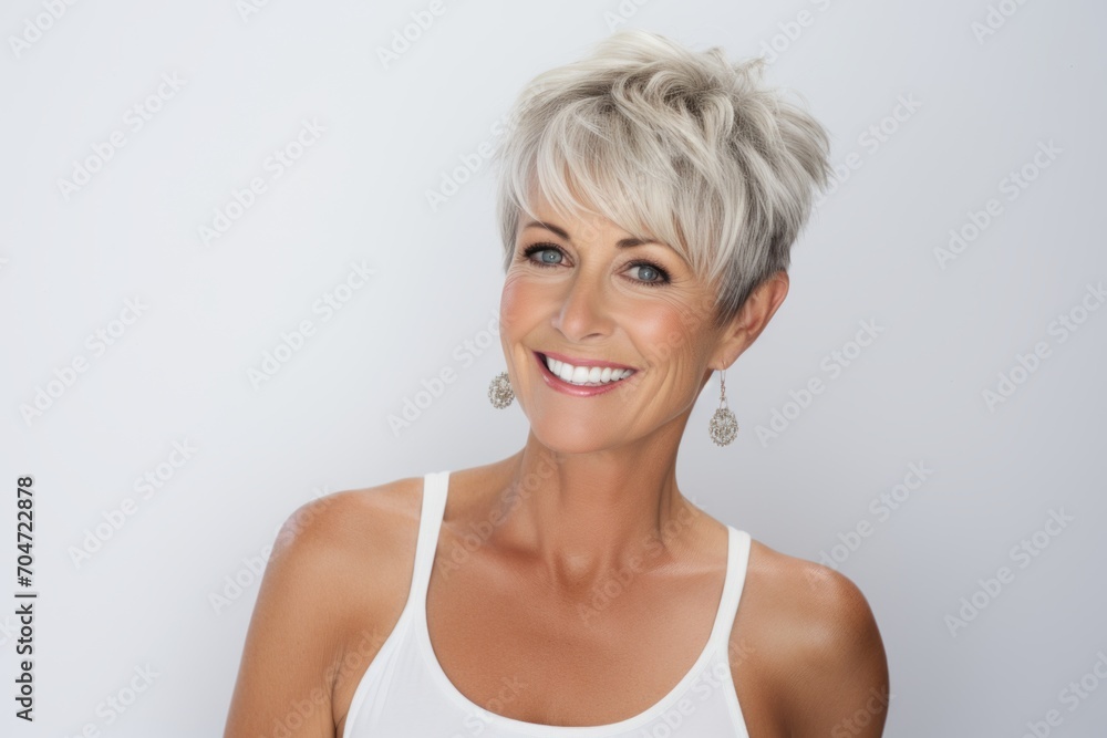 Portrait of a beautiful smiling middle aged woman with short blonde hair Portrait of a beautiful smiling middle aged woman with short blonde hair