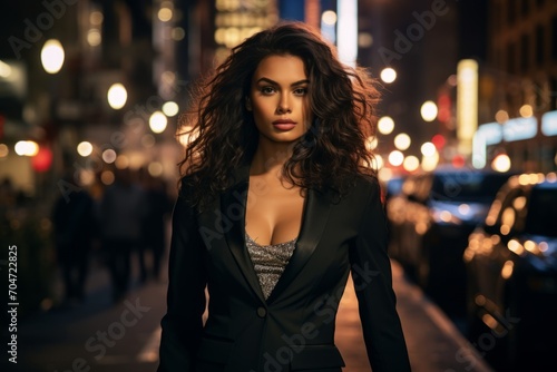 Elegant woman in a mesh insert blazer standing on a bustling city street, her confident gaze meeting the camera as the city lights twinkle in the background