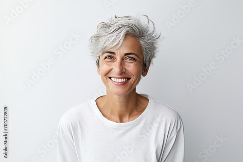 Portrait of happy middle-aged woman with grey hair and white t-shirt smiling at camera