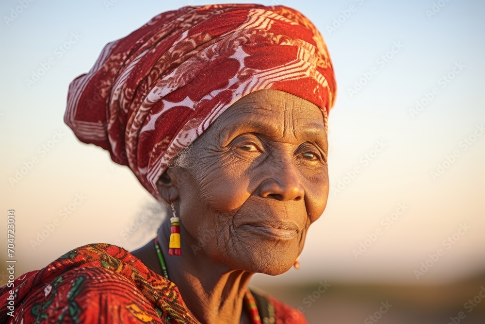 An Elderly African Woman in Her Traditional Head Wrap, Displaying Graceful Posture as She Gazes into the Horizon An Elderly African Woman in Her Traditional Head Wrap, Displaying Graceful Posture as She Gazes into the Horizon