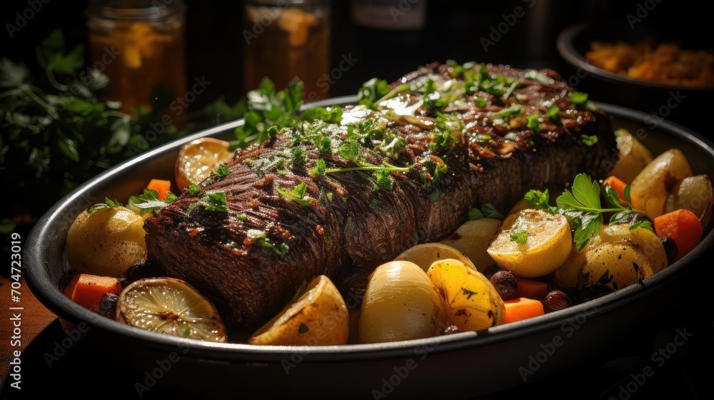 delicious pot roast meat with black and blur background delicious pot roast meat with black and blur background