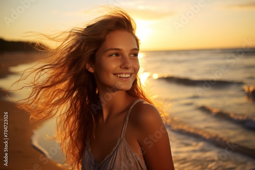 A sun-kissed teenage girl with a playful ponytail, enjoying her summer vacation by the beach, as the golden sun sets casting an enchanting glow on her radiant skin