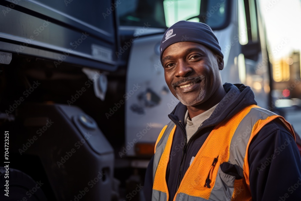 A Day in the Life: Portrait of a Dedicated Sanitation Worker, Wearing His Uniform and Reflective Vest, Standing Proudly Next to His Garbage Truck in the Early Morning Light A Day in the Life: Portrait of a Dedicated Sanitation Worker, Wearing His Uniform and Reflective Vest, Standing Proudly Next to His Garbage Truck in the Early Morning Light