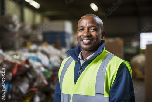 Dedicated Waste Management Coordinator, in high visibility vest, standing against the backdrop of a bustling recycling plant, with a clipboard in hand, monitoring the waste processing operations