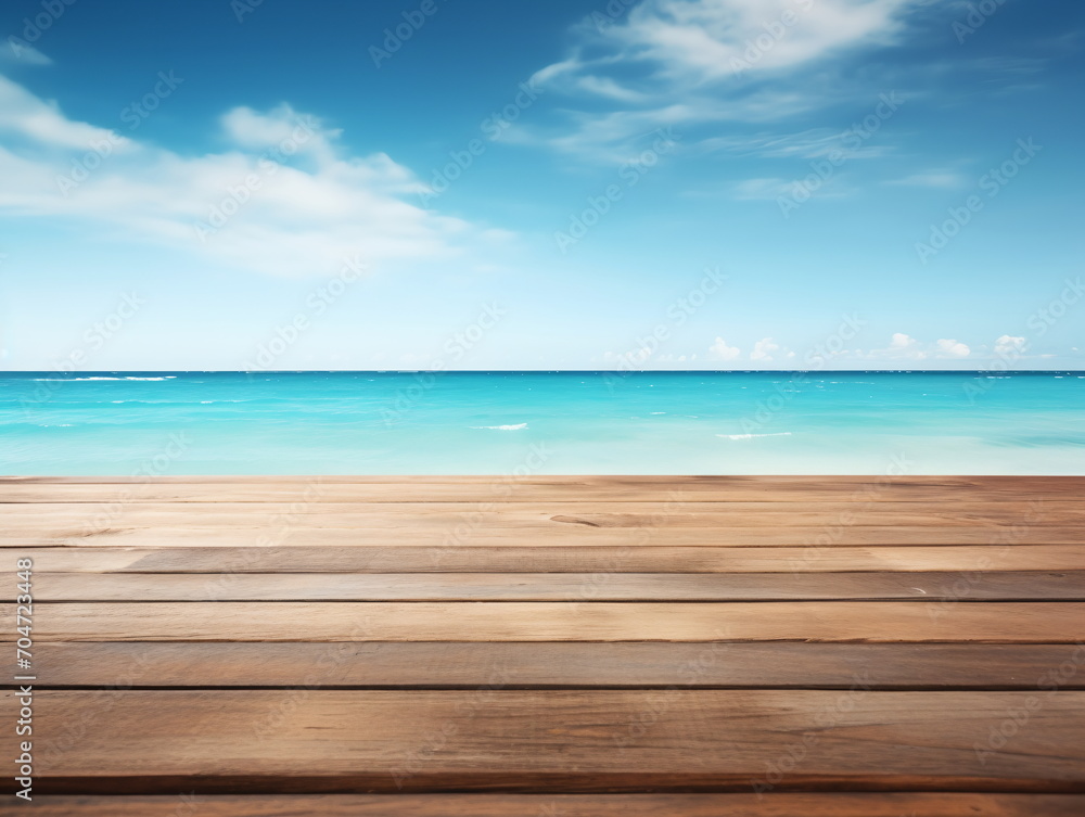 Fototapeta premium Wooden dock over calm blue ocean with white clouds in background