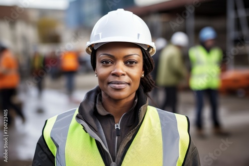Portrait of a Determined Female Construction Worker, Wearing a Hard Hat and Reflective Vest, Standing Against the Backdrop of a Bustling Construction Site