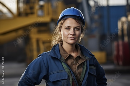 Portrait of a Determined Female Shipyard Worker, Clad in Safety Gear, Amidst the Industrial Landscape of the Dockyard