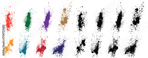 Ink realistic green, red, black, orange, purple, wheat color bleeding splatter brush stroke illustration set