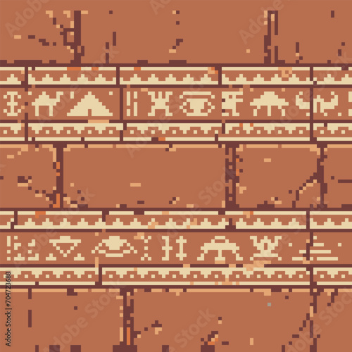 Pixel fabric texture with abstract Egyptian seamless pattern on an ancient shabby wall.  Design for web and mobile app.