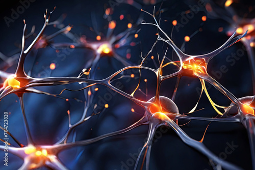 Interconnected neurons. 3D illustration captures human brain's neuronal firing. Detailed portrayal of interconnected neural networks. © Amila Vector