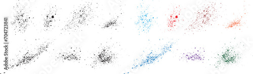 Collection of inked splatter dirty red, orange, purple, black, green, wheat color stain isolated vector background grunge brushstroke