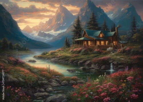 Beautiful landscape with houses and trees fantasy background generated AI  © mahdee