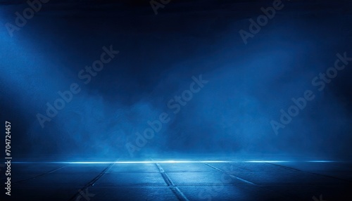 Dark empty cement floor blue room with smoke.