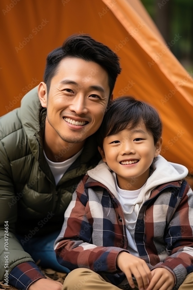Happy Asian Father and Son Camping Together Happy Asian Father and Son Camping Together