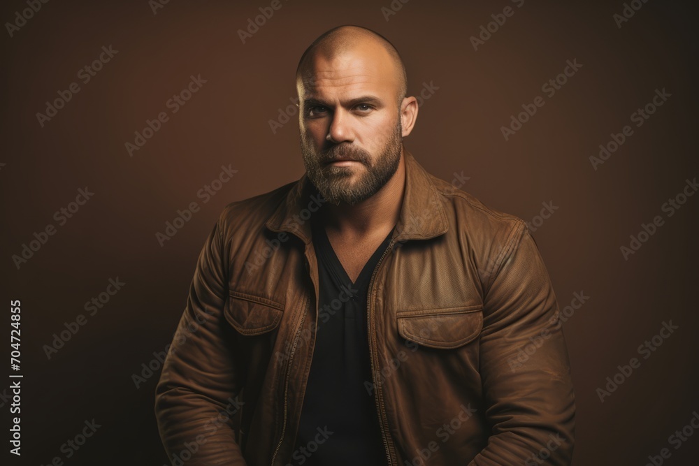 Handsome bearded man in a brown jacket on a dark background.