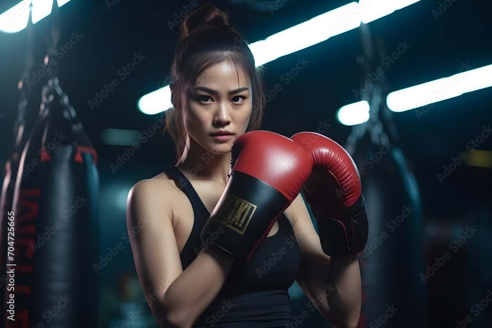 Portrait of a beautiful young asian woman boxing in the gym