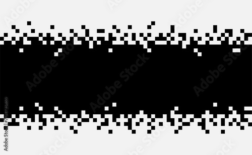 Pixel disintegration background. Mosaic textures with simple square particles. Black stroke