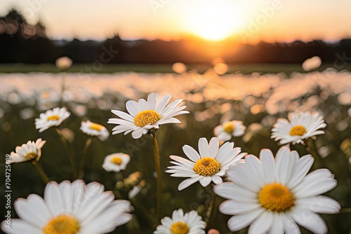 Sunset daisy field. White blooms against setting sun backdrop. Serene landscape capturing nature's beauty and tranquility.