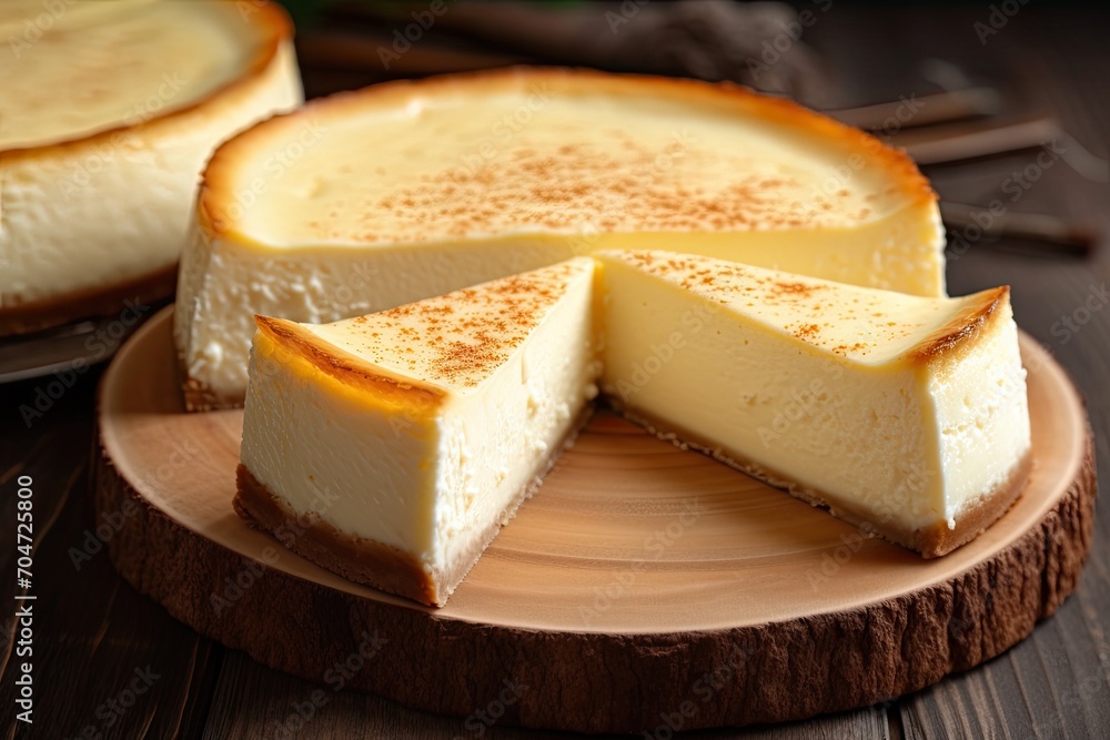 Slice of New York cheesecake on a wooden board, closeup.