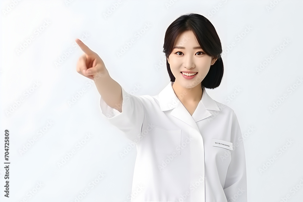 Portrait of a female nurse pointing with her finger on white background Portrait of a female nurse pointing with her finger on white background