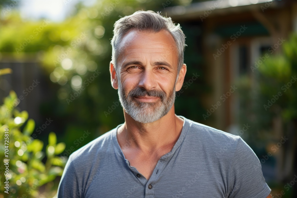 Mischievous middle aged man in his fifties, with an attractive smile, standing in the garden. Mischievous middle aged man in his fifties, with an attractive smile, standing in the garden.