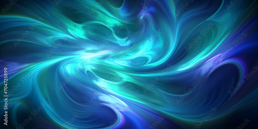 An artwork features a vibrant swirl of blue and green energy against a black background, creating a mesmerizing visual effect.