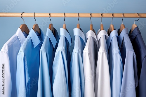 Wooden hangers showcasing blue shirts and business attire in front view. Men's fashion set with accessories for design print. Various styles including casual or formal t-shirts and shirt uniforms