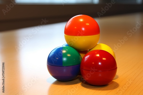 The image displays a collection of colorful plastic spheres arranged on a wooden table.