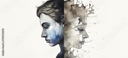 An artwork illustrates a man and a woman in watercolor, showcasing their duality in a beautiful and expressive manner.